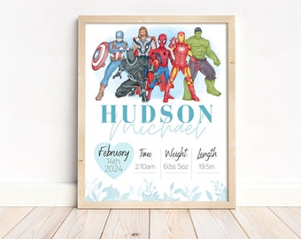 Superhero Birth Stats Poster: Set of Custom Nursery Wall Art (Digital Download)