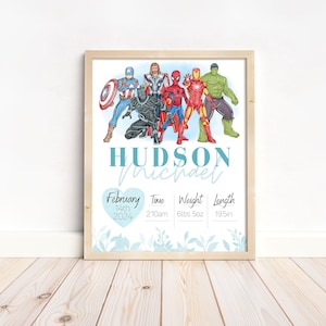 Póster de nacimiento personalizado de superhéroes digitales: impresión personalizada del nombre del bebé, decoración de guardería de superhéroes, regalo para recién nacidos con descarga instantánea