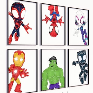Spidey & Friends Arte de parede DIGITAL, conjunto de 6 impressões, download instantâneo, decoração com tema de super-heróis