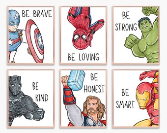 Set of 6 Superhero Wall Art with Affirmations, Be Brave, Be Strong, Be Bold, Boys Room Decor, Kids Printable Wall Art, Digital Download