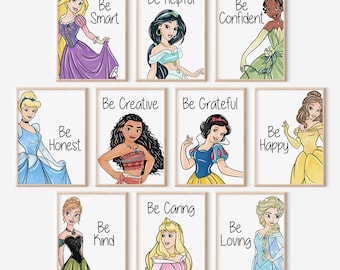 Set of 14 Princesses with Affirmation DIGITAL Prints, Girl Bedroom Wall Art, Princess Themed, Be Kind, Be Brave, Be Yourself, Empowerment