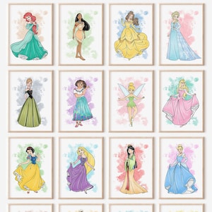 Arte digital de princesas para pared: set de 16 láminas imprimibles para habitación infantil, decoración inspirada en cuentos de hadas, descarga instantánea.