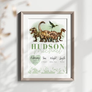 Póster de nacimiento personalizado de dinosaurio: decoración de pared para habitación de bebé niño, impresión de nombre personalizada, decoración imprimible para sala de juegos, regalo para recién nacido