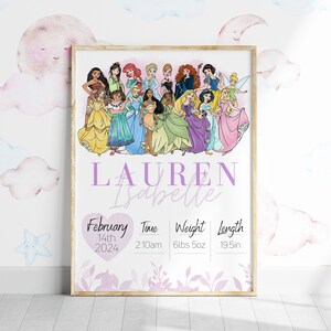 Digitale Prinzessinnen Geburt Wand Kunst - Personalisierte Baby Stats Poster, Name Kinderzimmer Dekor, druckbares Geschenk zur Geburt