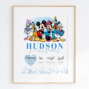 Lámina de nacimiento personalizada de Ratón y sus amigos: regalo personalizado para bebé, decoración infantil, arte mural conmemorativo de nacimiento