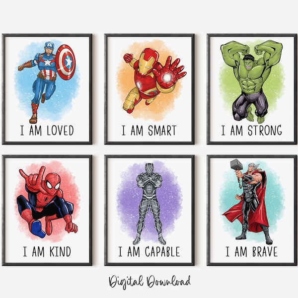 Superhero Affirmation Prints – Set of 6 Boys Room Wall Art (Digital Download)