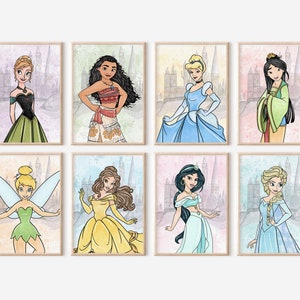 Princesas Digital Wall Art (Set 2), Conjunto de 8 impresiones, Descarga instantánea, Decoración de la habitación de la niña, Tema de la princesa, Arte de cuento de hadas