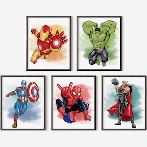 Set de pósteres digitales de superhéroes: 5 láminas imprimibles para habitación de niño, arte mural infantil para sala de juegos o decoración infantil.