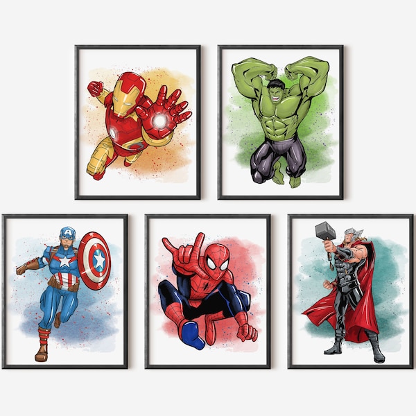 Lot de 5 affiches numériques super-héros, décoration de chambre de garçon, art mural imprimable pour enfants, chambre à thème héros