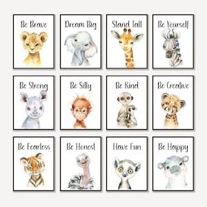 Cyfrowe Safari Animal Affirmation Wall Art – Zestaw 12 wydrukowanych wydruków do pokoju dziecięcego, Bądź odważny, bądź miły, wystrój dżungli do pokoju dziecięcego