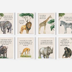 Arte mural con versículos bíblicos de animales de safari en acuarela: juego de 8 láminas imprimibles para guardería, decoración de la selva o escuela dominical.
