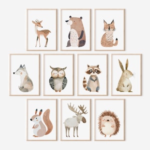 Digital Woodland Animal Wall Art – Set of 10 Watercolor Nursery Prints, Bear, Deer, Fox, Moose, Owl, Rabbit, Forest Playroom Decor