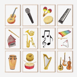 Digital Watercolor Music Posters – Set of 12 Printable Educational Prints for Classroom or Nursery, Musical Instrument Wall Art