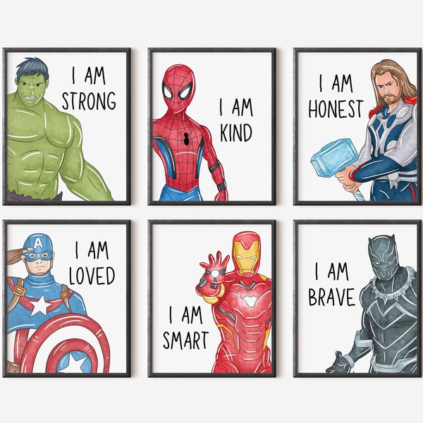 Digital Superheroes with 'I AM' Affirmations, Set of 6 Prints, Boy Bedroom Decor, Kids Printable Wall Art, I am Kind, I am Brave
