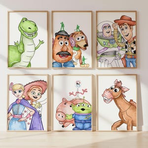 May include: Six framed watercolour prints featuring characters from the animated film Toy Story. The prints showcase Rex the dinosaur, Mr. Potato Head, Slinky Dog, Buzz Lightyear, Woody, Bo Peep, Jessie, Hamm, an alien, and Bullseye the horse.