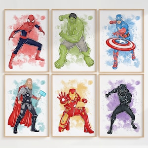 Digital Superhero Wall Art – Set of 6 Colorful Prints for Boys Room or Nursery, Fun Hero Decor for Kids Playroom