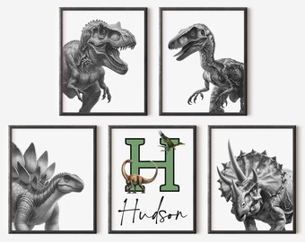 Gepersonaliseerde dinosaurusafdrukken: set van 5 zwart-witte kinderkamerkunst (digitale download)