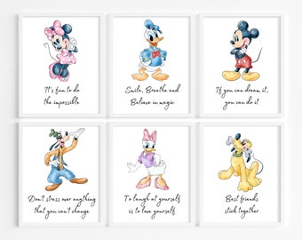Set of 6 Mickey and Friends Quotes with White Background, Nursery Wall Art, Kids Room Decor, Playroom Prints, Digital Download