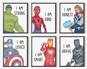 Digital Superheroes with 'I AM' Affirmations, Set of 6 Prints, Boy Bedroom Decor, Kids Printable Wall Art, I am Kind, I am Brave