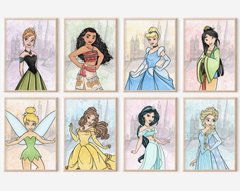 Princesses Digital Wall Art – Set 2 of 8 Fairy Tale Prints for Girls Room, Nursery, or Playroom, Instant Download