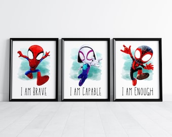 May include: Set of three framed art prints featuring cartoon illustrations of Spider-Man characters. Each print has a different character with the phrases "I AM BRAVE", "I AM CAPABLE", and "I AM ENOUGH" in black text.