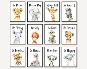 May include: A set of twelve framed watercolor art prints featuring various animals, including a lion, elephant, giraffe, and zebra. Each print has a motivational phrase such as "Be Brave" or "Dream Big" in black text on a white background.
