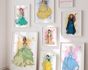 May include: A collection of framed art prints featuring watercolor illustrations of Disney princesses. Each print showcases a different princess in her iconic gown, set against a colorful, abstract background. The prints are displayed on a white wall.