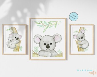 Super Cute Watercolor Koala Bear Posters, Set of 3 Prints, Printable Wall Art for Kids, Digital Download, Animal Themed Nursery