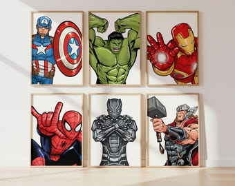 Superhero Boys Room Prints – Set of 6 Hero Wall Art, Printed or Framed