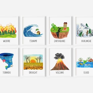 Impresiones educativas digitales sobre desastres naturales: juego de 8 pósteres de acuarela para el aula o la educación en casa: terremotos, volcanes, tornados e inundaciones.