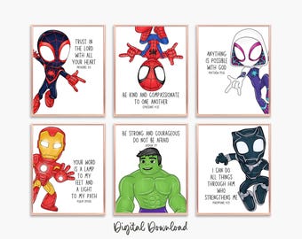 Spidey Bible Verse Prints – Set of 6 Superhero Nursery Wall Art (Digital Download)