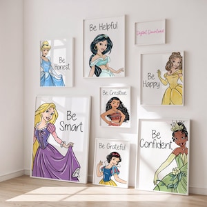 Arte de pared con frases de princesas: set de 14 impresiones digitales para habitación de niña. Sé amable, sé valiente, sé tú misma. Descarga instantánea.