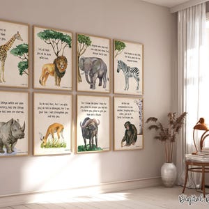Watercolor Safari Animals Bible Verse Wall Art – Set of 8 Printed Scripture Prints for Nursery, Jungle Decor, or Sunday School