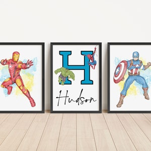 Superhero Personalised Name Wall Art, Set of 3 Prints, Superhero Theme, Kids Printable Wall Art, Digital Download