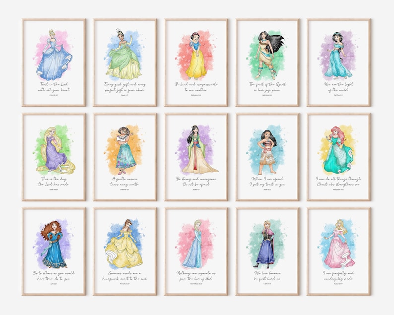 Princesses Bible Verse Wall Art Set of 15, Girls Room Decor Digital ...