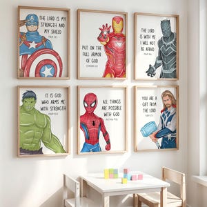 Superhero Bible Verse Prints – Set of 6, Boys Room Scripture (Digital Download)