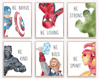 Set of 6 Superhero Wall Art with Affirmations, Be Brave, Be Strong, Be Bold, Boys Room Decor, Kids Printable Wall Art, Digital Download