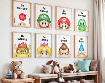 May include: Eight rectangular wall art prints in light wood frames featuring watercolor-style illustrations of video game characters. Each print includes a character and a motivational phrase: Be Yourself, Be Honest, Be Kind, Be Creative, Be Strong, Be Loving, Be Brave, and Be Smart.