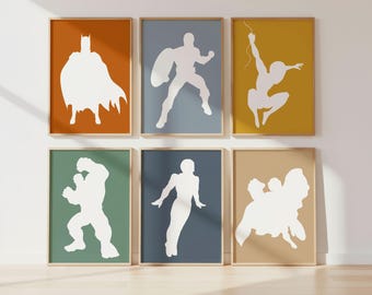 Superhero Silhouette Prints: Set of 8 Boys Room Posters (Digital Download)
