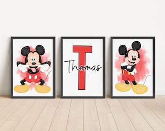 Personalized Name Mickey Mouse Prints – Set of 3 Kids Room Wall Art (Digital Download)