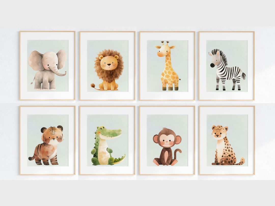 Safari Animal Nursery Prints: Set of 8 Jungle Theme Kids Room Decor ...