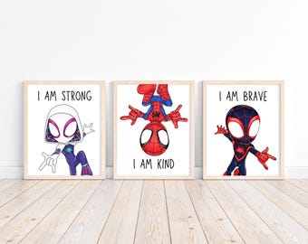 Spidey and Friends Affirmation Wall Art – Set of 3 Kids Prints, Printed or Framed