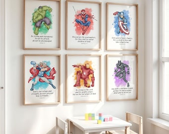 Superhero Bible Verse Wall Art Set of 6, Kids Room Decor Digital Download