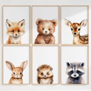 Adorable Woodland Baby Animal Wall Art – Set of 6 Printed Nursery Prints, Fox, Deer, Raccoon, Bear, Rabbit, Gender Neutral Decor