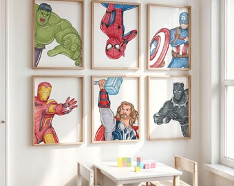Superhero Kids Prints: Set of 6 Boys Room Wall Art (Digital Download)