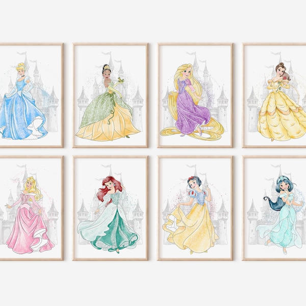 Conjunto de 8 impresiones de princesas, castillo de cuento de hadas, decoración de la habitación de la niña, arte de la pared de la niña, tema de la princesa de la acuarela, descarga digital