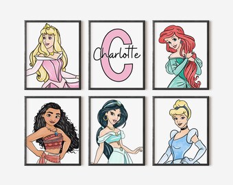 Princess Name Wall Art – Set of 6, Personalized Girl Nursery Prints, Printed or Framed