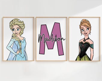Personalised Princess Wall Art – Girl Nursery Decor, Set of 3 Prints (Printed or Framed)