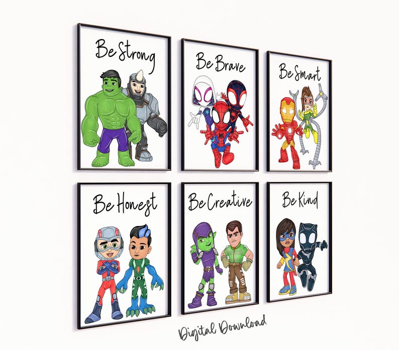 Web Hero Affirmation Prints – Set of 6 Kids Room Superhero Posters ...