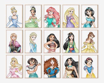 Princesses Wall Art Bundle, Set of 15 Prints, Printed or Framed